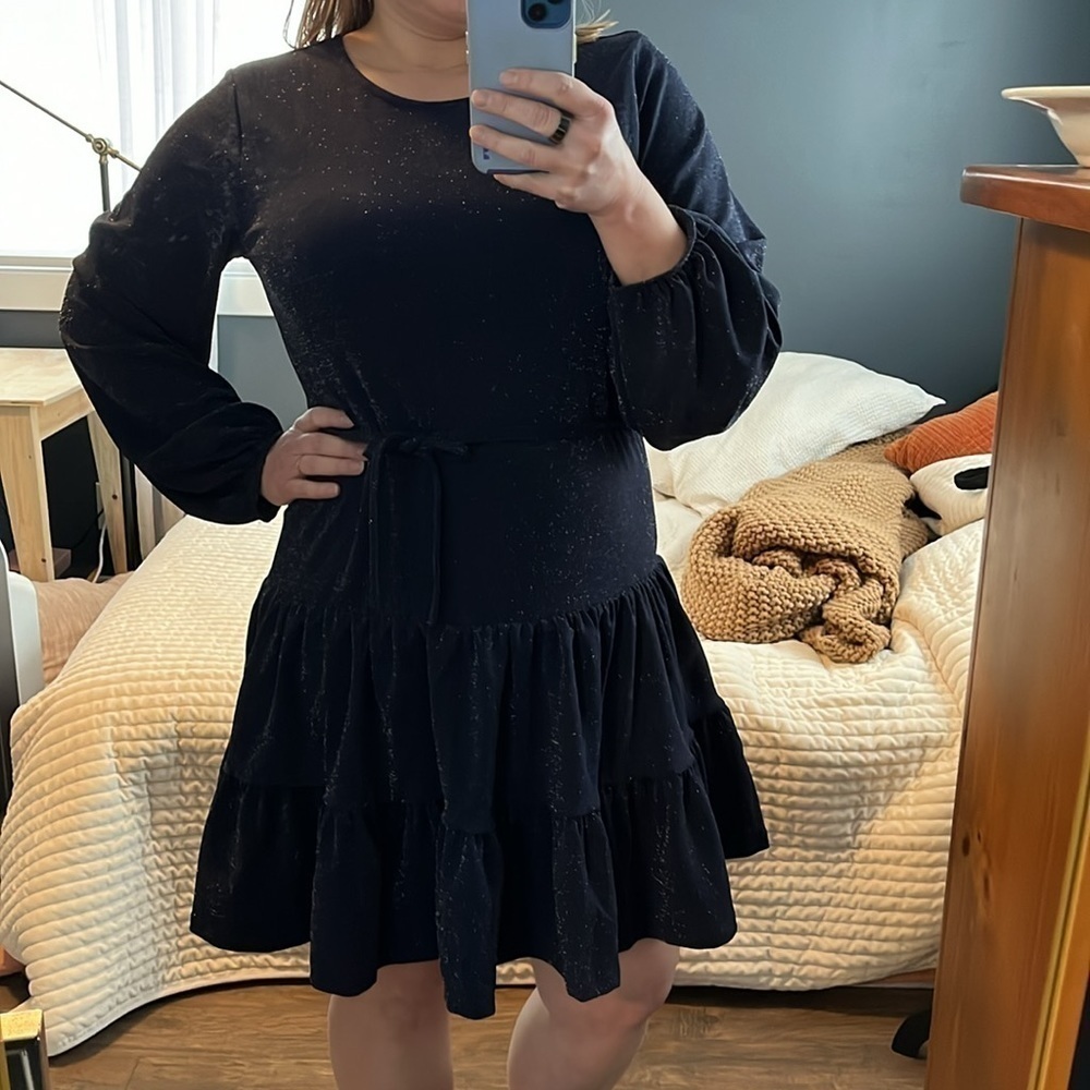 Navy Blue Sparkly Tiered Long Sleeve Dress EUC - Picture 1 of 13